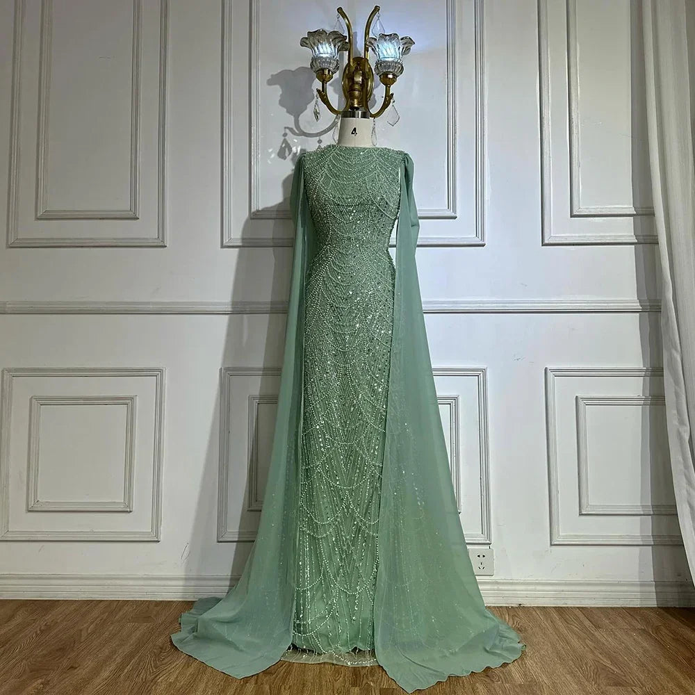 Luxury Blue Mermaid Evening Dress with Cape Sleeves Beaded Gown LA72160A