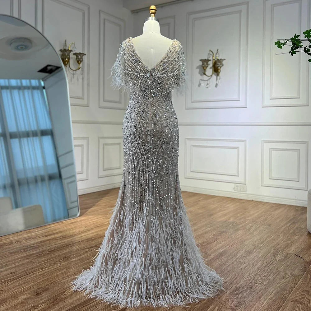 Luxury White Nude Beaded Feather Mermaid Evening DressLA72837