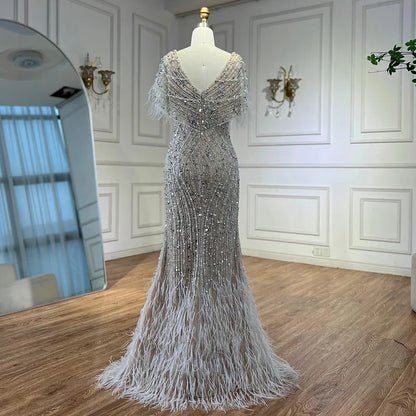 Luxury White Nude Beaded Feather Mermaid Evening DressLA72837
