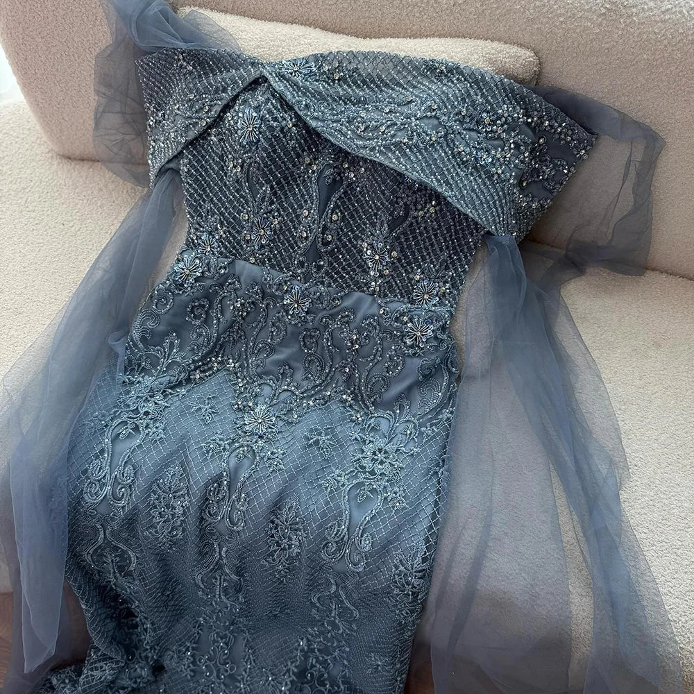 Luxury Blue Lace Off Shoulder Evening Dress for Women LA73125