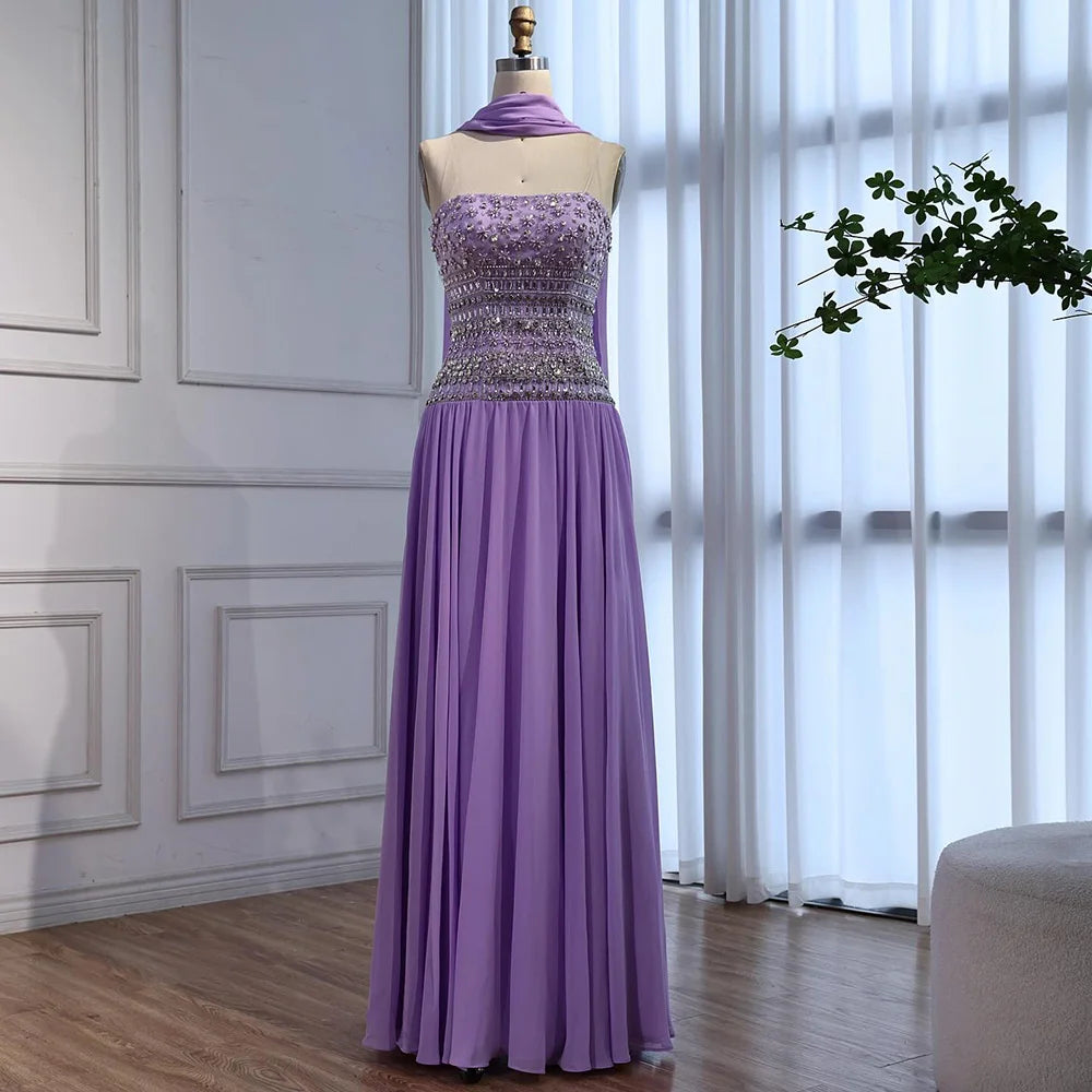 Lilac   Beaded A Line Arabic Evening Dress LA73044