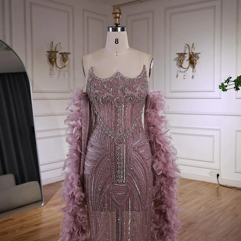 Luxury Caramel Beaded Mermaid Evening Dress with Feather Sleeves LA73055