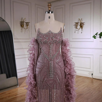Luxury Caramel Beaded Mermaid Evening Dress with Feather Sleeves LA73055