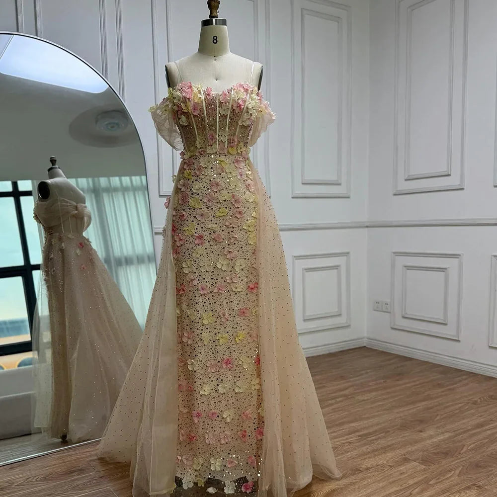 Luxury Nude Floral Beaded Off-Shoulder Corset Evening Dress with Overskirt LA72861
