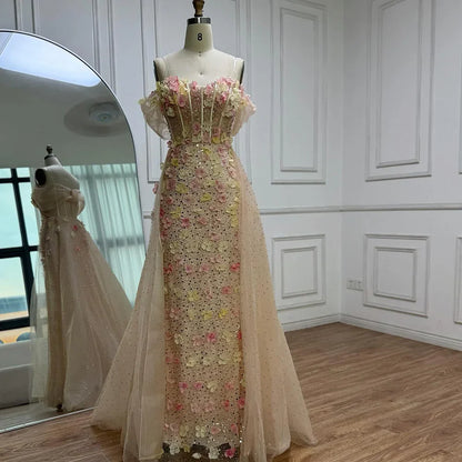 Luxury Nude Floral Beaded Off Shoulder   Evening Dress with Overskirt LA72861