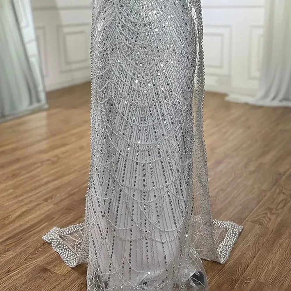 Luxury Blue Mermaid Evening Dress with Cape Sleeves Beaded Gown LA72160A
