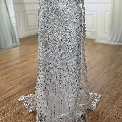 Luxury Blue Mermaid Evening Dress with Cape Sleeves Beaded Gown LA72160A