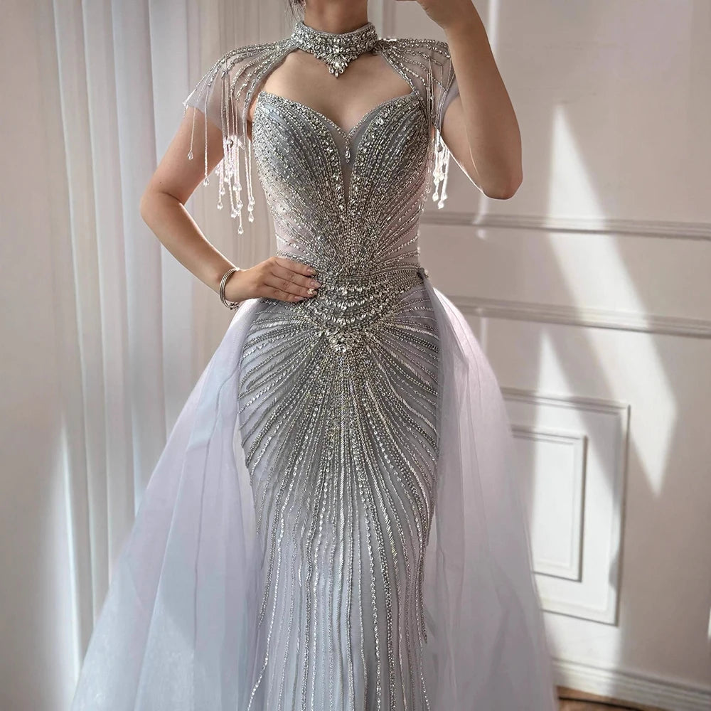 Luxury Nude Beaded Mermaid Evening Dress with Overskirt LA73182