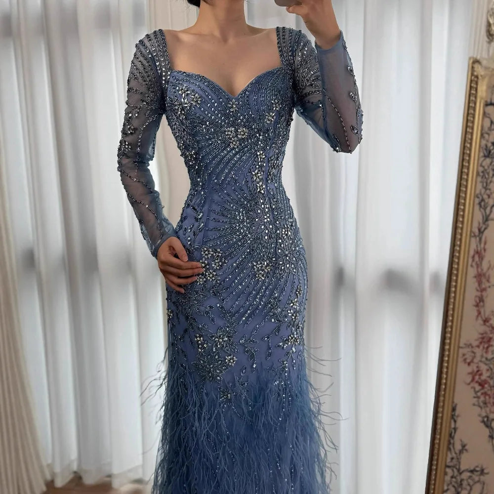 Arabic Blue Feather Beaded Mermaid Evening Dress for Women LA71818