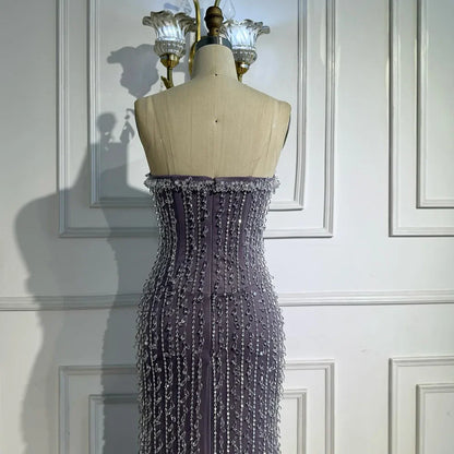Elegant Crystal Beaded   Lilac Mermaid Evening Gown LA72950