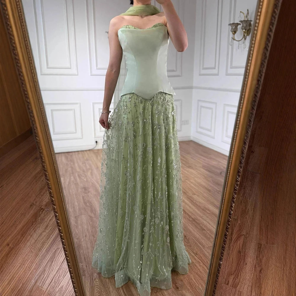 Luxury Sage Green and Pink Arabic Strapless Beaded Evening Dress LA72805D