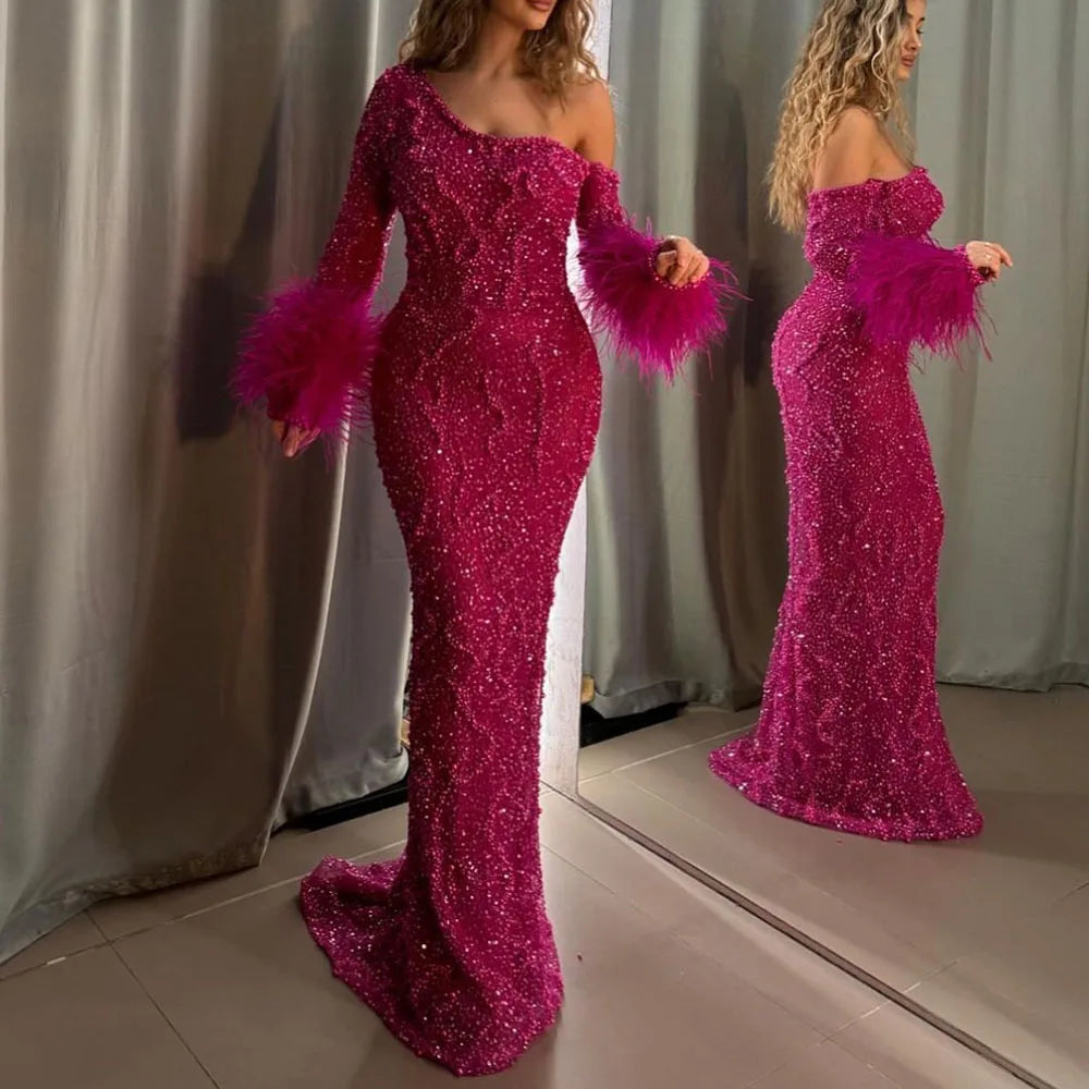 Royal Blue One-Shoulder Mermaid Evening Dress with Beads & Feathers LA72395