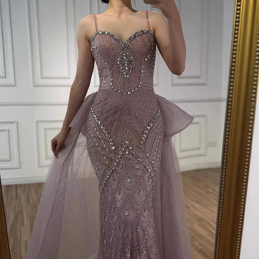 Luxury Pink Crystal Beaded Mermaid Evening Dress with Overskirt LA73143