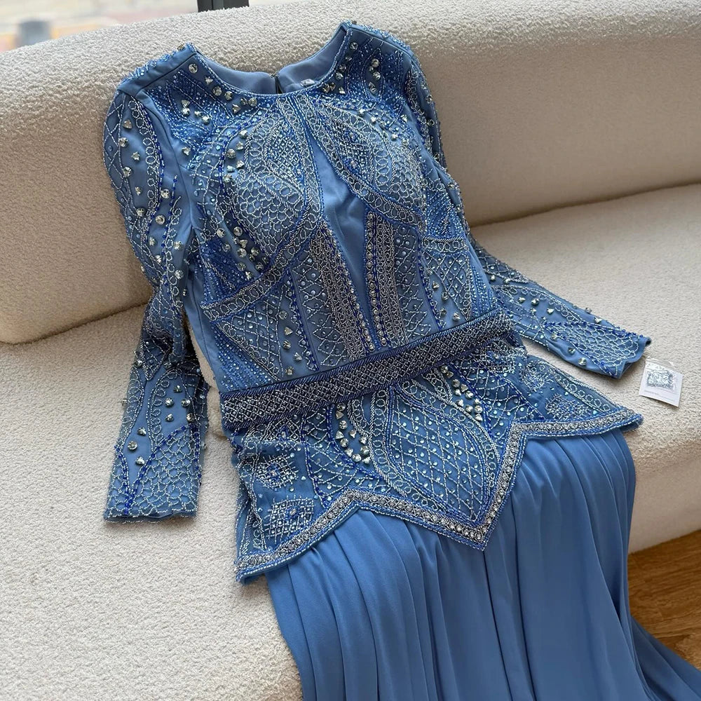 שמלת ערב יוקרתית עם חרוזים כחולים ושרוולים ארוכים של מעצבת LA72962 