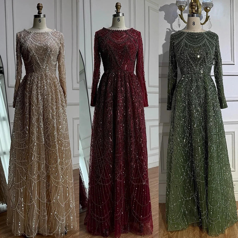 Luxury Olive Green Beaded A-Line Evening Dress Long Sleeves LA72738B