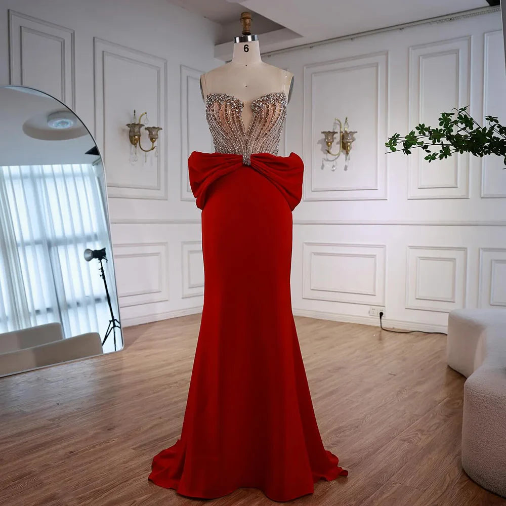Luxury Red Satin Evening Dress with Bow Designer Gown LA73060