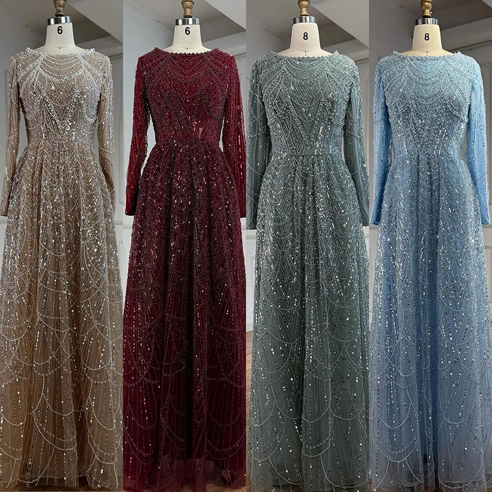 שמלת ערב יוקרתית בגזרת A עם חרוזים בצבע ירוק זית ושרוולים ארוכים LA72738B