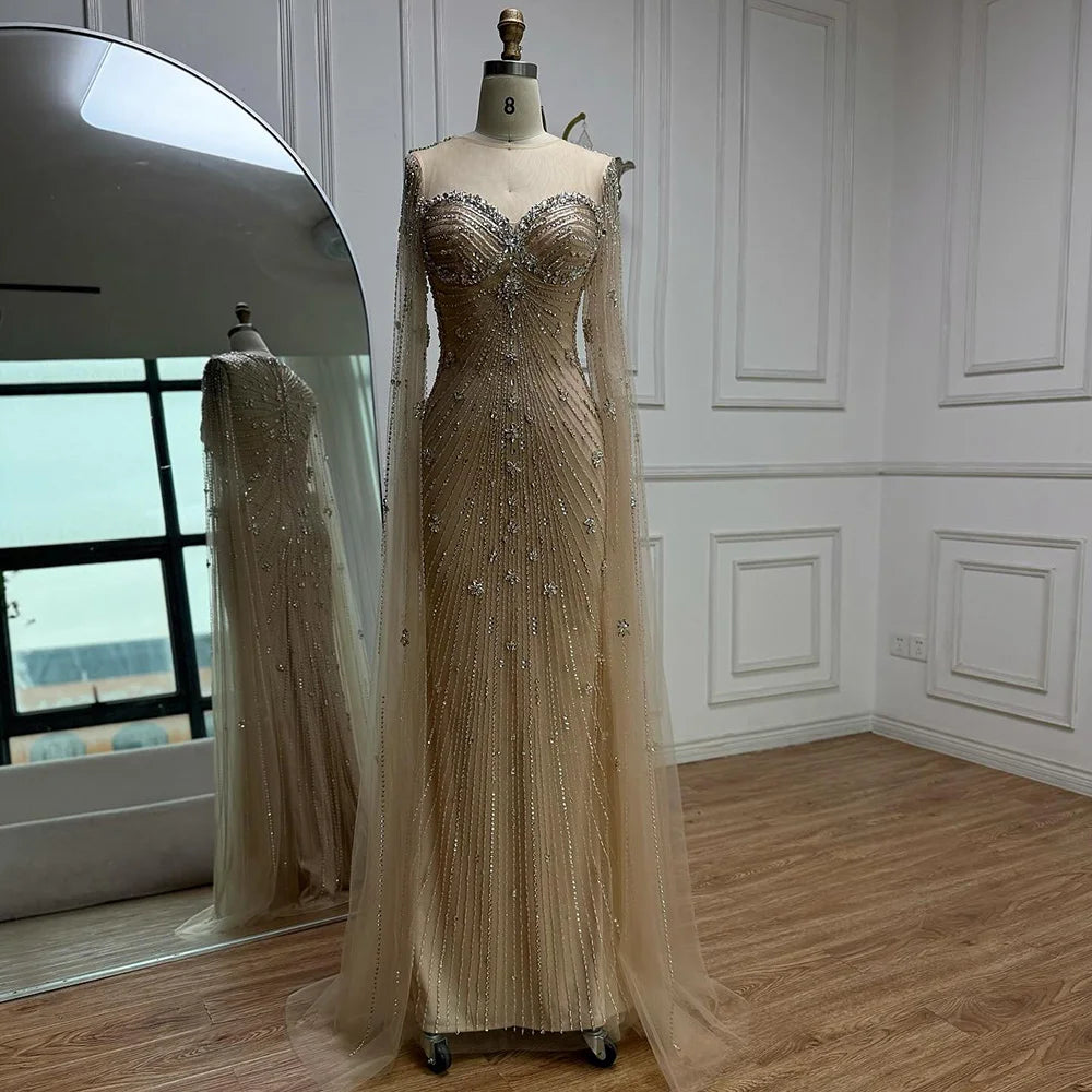 Luxury Green Beaded Mermaid Dress with Cape Sleeves LA73115