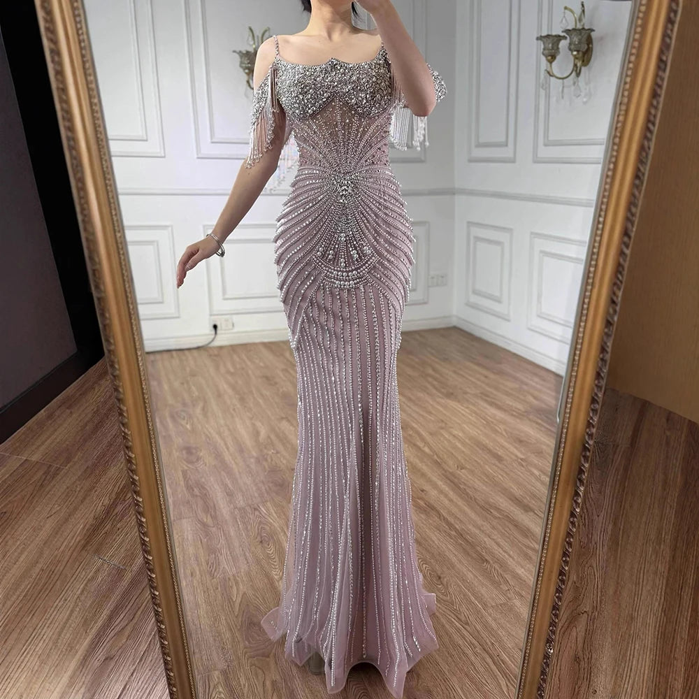 Luxury Sage Green Pearls Beaded Mermaid Evening Dress Off Shoulder LA73148