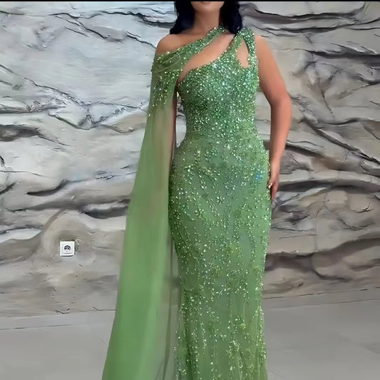 Luxury Green One Shoulder Crystal Beaded Mermaid Evening Dress With Cape LA73485