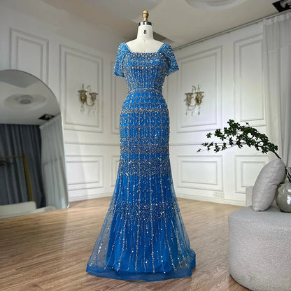 Luxury White Mermaid Square Neck Short Sleeves Evening Dresses LA72714