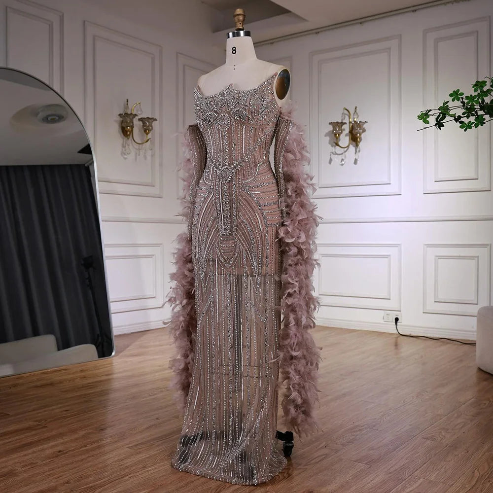 Luxury Caramel Beaded Mermaid Evening Dress with Feather Sleeves LA73055