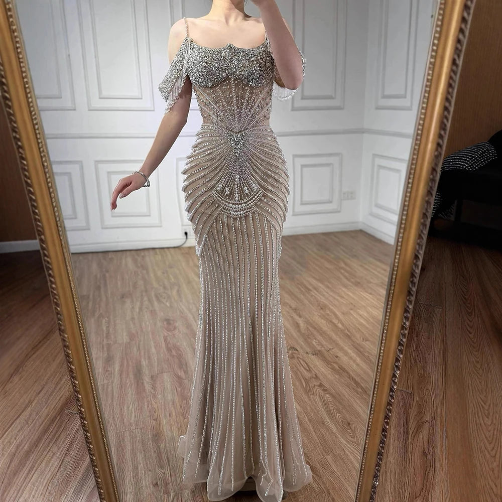 Luxury Sage Green Pearls Beaded Mermaid Evening Dress Off Shoulder LA73148