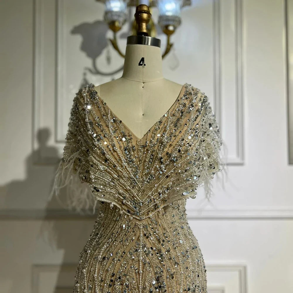 Luxury White Nude Beaded Feather Mermaid Evening DressLA72837