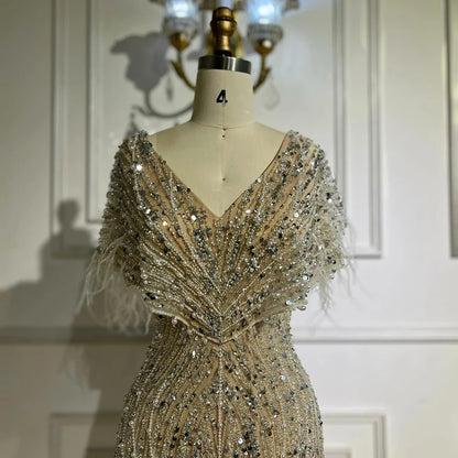 Luxury White Nude Beaded Feather Mermaid Evening DressLA72837