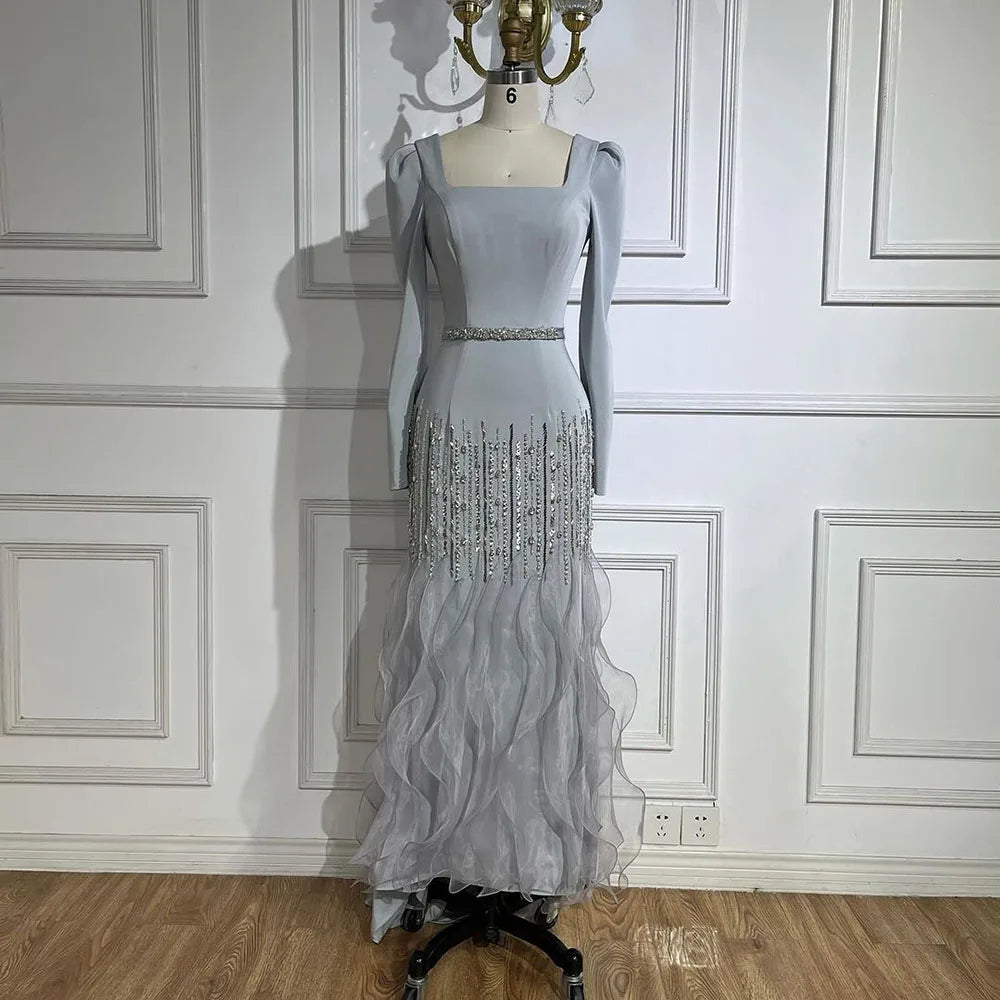 Luxury Arabic Gray Mermaid Elegant Ankle Length Beaded Satin Evening Dresses Gowns LA72317