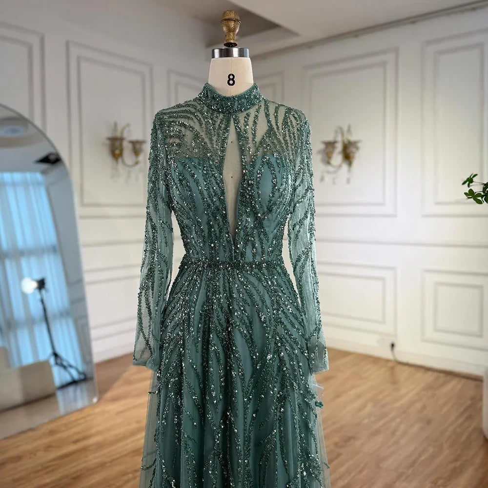 Elegant Turquoise High Neck A-Line Evening Dress Beaded LA71682A