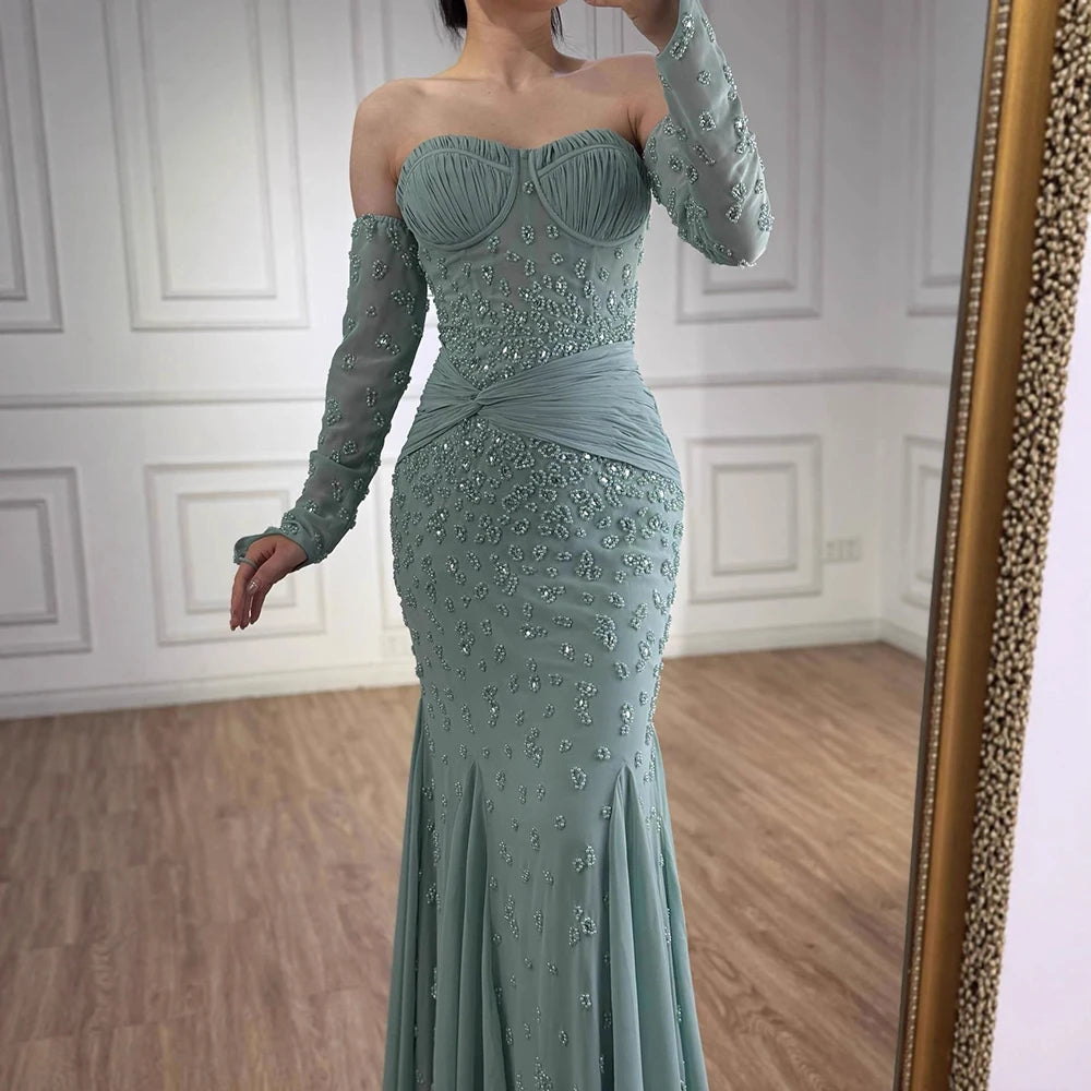 Luxury Turquoise Strapless Beaded Mermaid Evening Dress with Gloves LA72933
