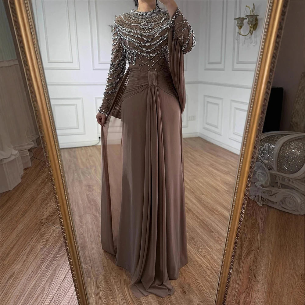Luxury Designer Modest Brown Stretch Material Mermaid Evening Dress LA72993