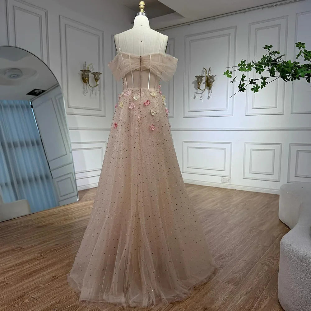 Luxury Nude Floral Beaded Off-Shoulder Corset Evening Dress with Overskirt LA72861