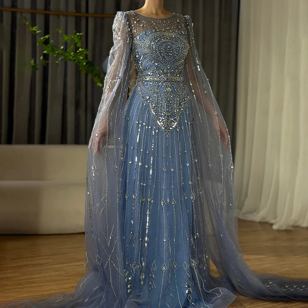 Luxury Designer Blue Beaded Stone Arabic Evening Dress With Cape Sleeve LA72635