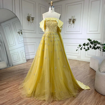 Luxury Dubai Arabic Yellow Elegant Boat Neck Long Evening Dress LA72531