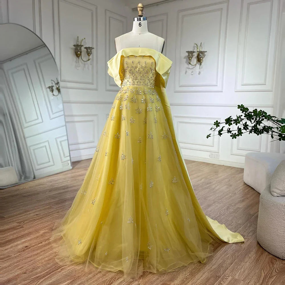 Luxury Dubai Arabic Yellow Elegant Boat Neck Long Evening Dress LA72531