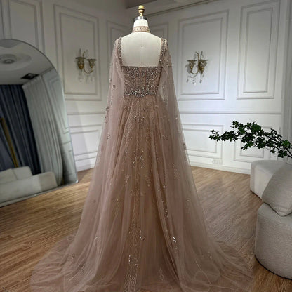 Luxury Nude A-Line Crystal Beaded Arabic Evening Dress LA72764