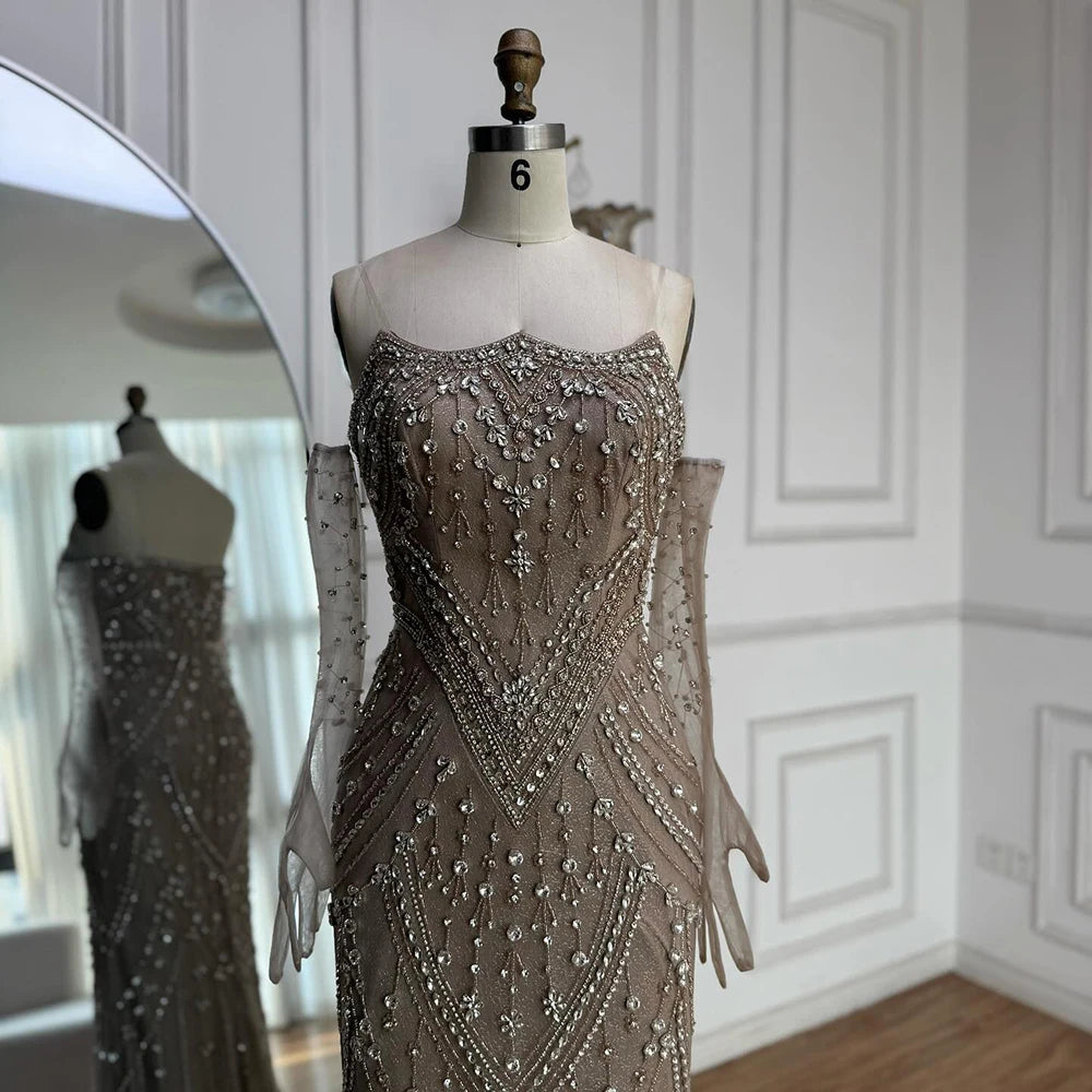 Luxury Caramel Crystal Beaded Mermaid Evening Gown with Gloves LA73186
