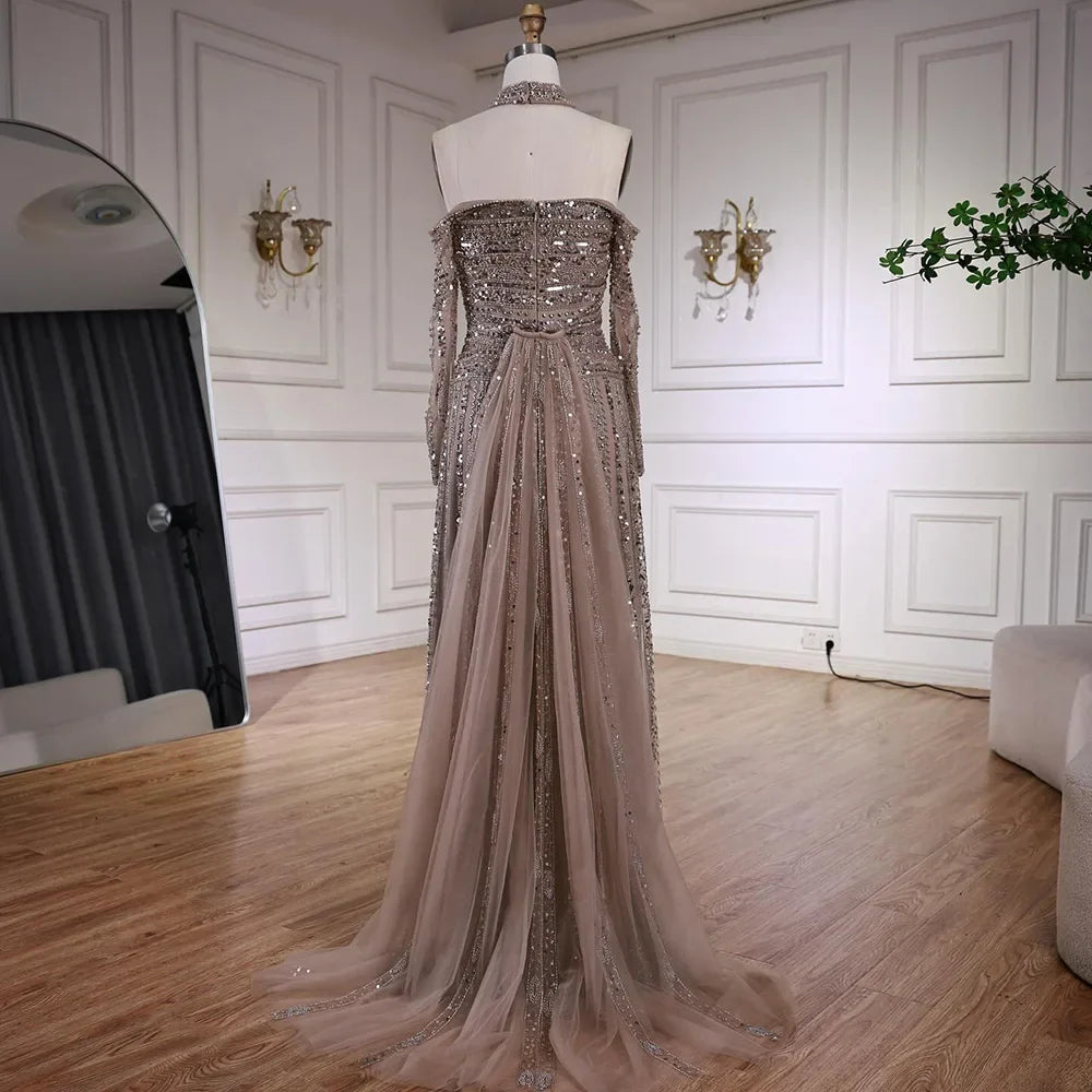 Caramel Off Shoulder Beaded Mermaid Evening Dress Long Sleeves LA73053