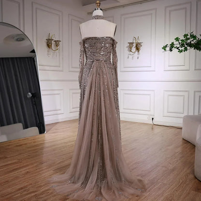 Caramel Off Shoulder Beaded Mermaid Evening Dress Long Sleeves LA73053