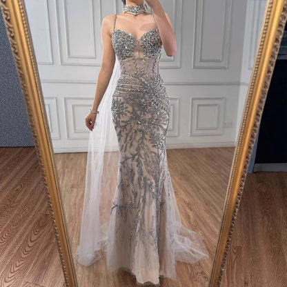 Luxury Evening Dress Grey Beaded With Cape Prom Gown LA73342