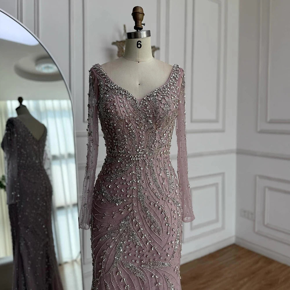 Luxury Muslim Nude Arabic Mermaid Beaded Evening Dress LA73191