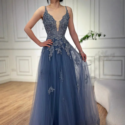 Luxury Sage Green Lace A-Line Prom Dress with Spaghetti Straps LA73005