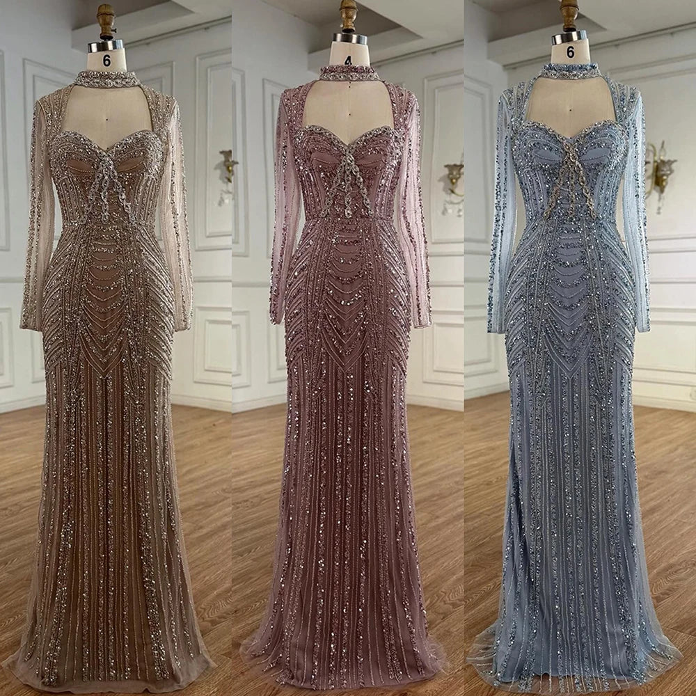 Caramel Beaded Mermaid Evening Dress with Long Sleeves LA72560B