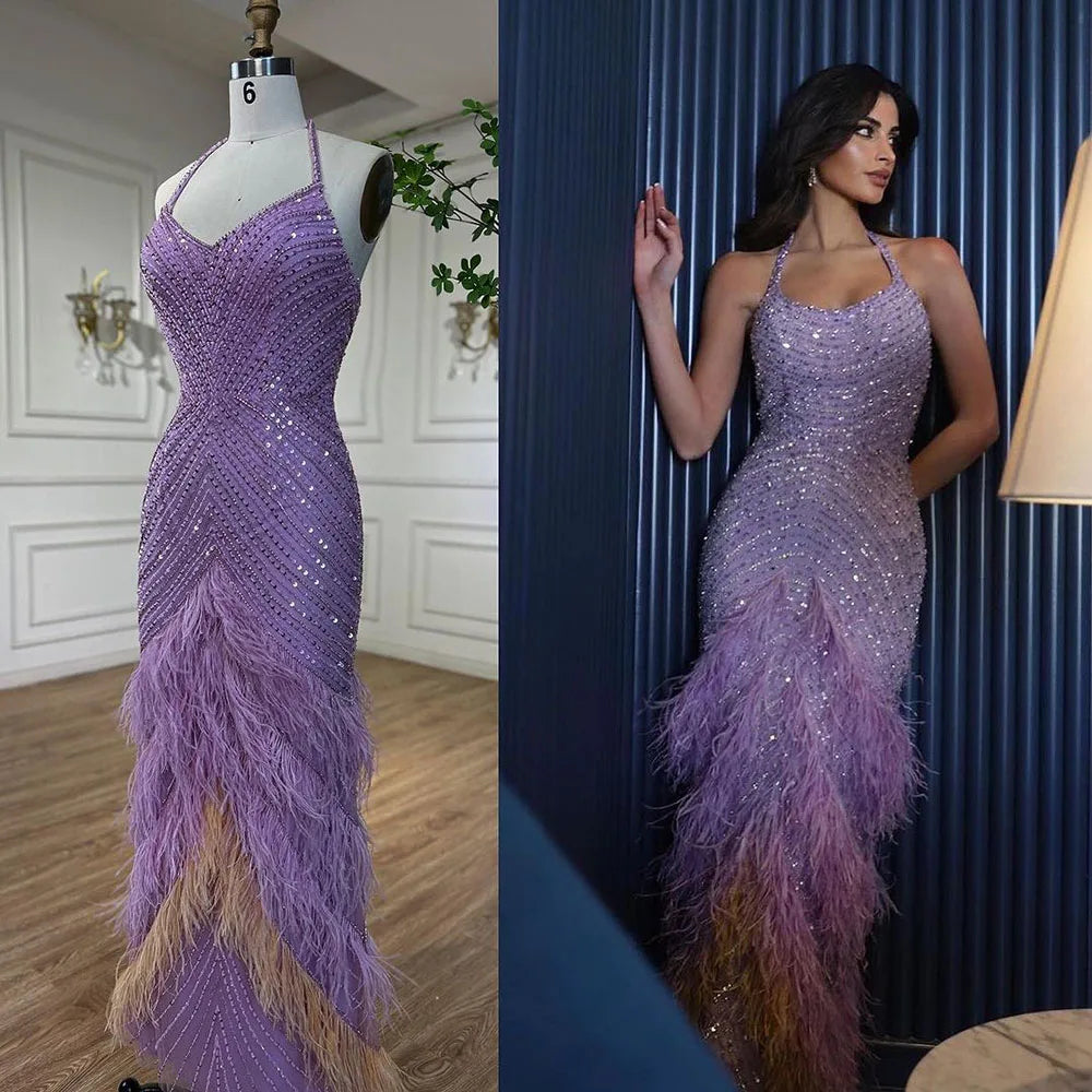 Lilac Feather Halter Mermaid Luxury Dubai Evening Dress LA72056