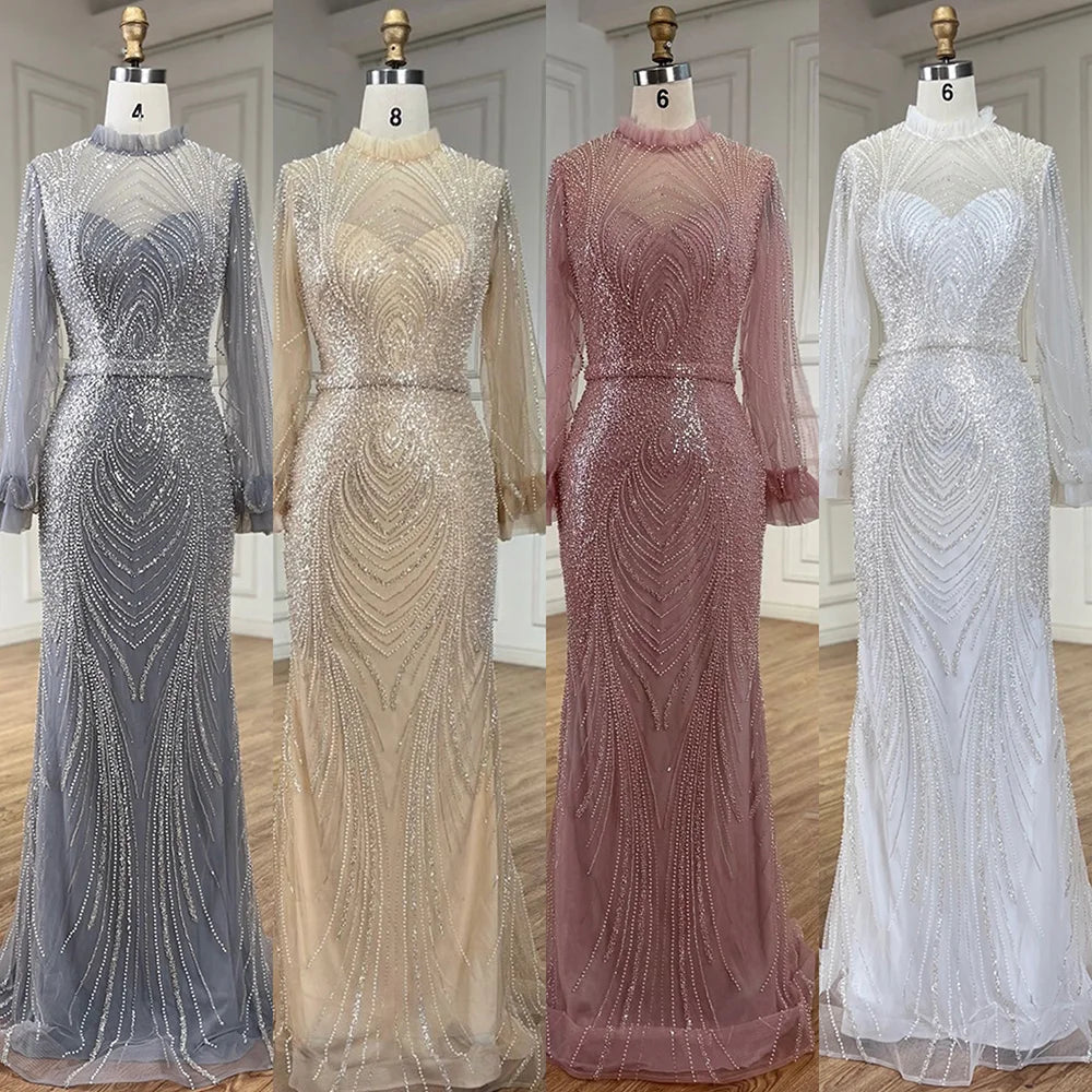 Modest Gray High Neck Mermaid Evening Dress with Long Sleeves LA71690A