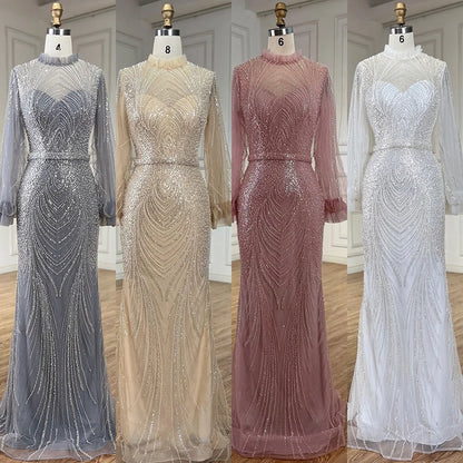 Modest Gray High Neck Mermaid Evening Dress with Long Sleeves LA71690A