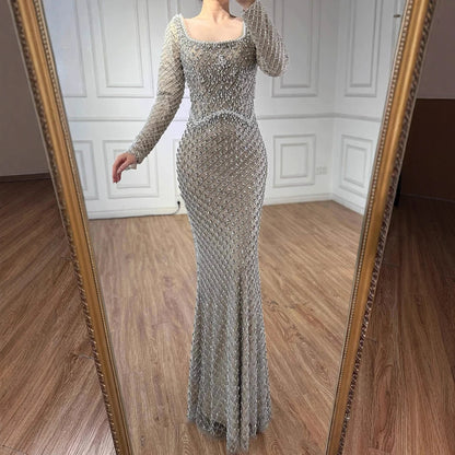 Luxury Pearl Beaded Mermaid Evening Dress with Long Sleeves LA72919A