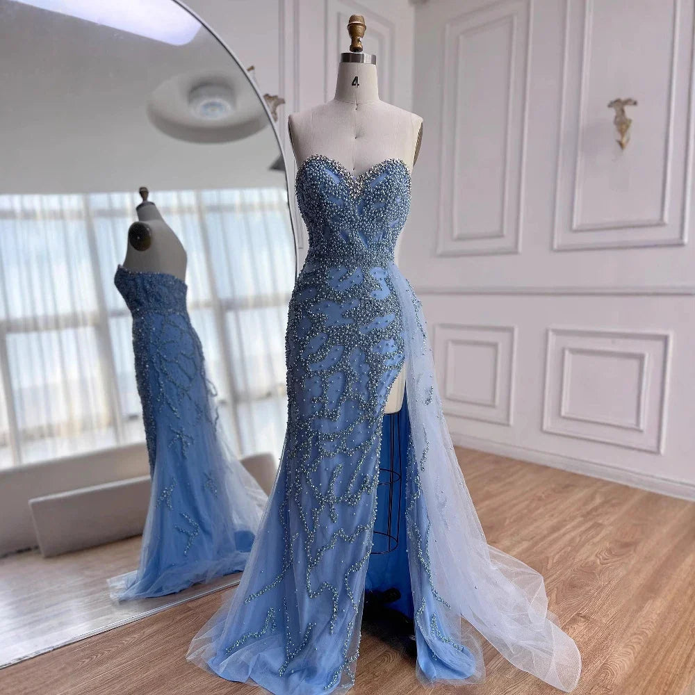 Luxury Saudi Arabic Blue Beaded Evening Dress with Slit LA72877